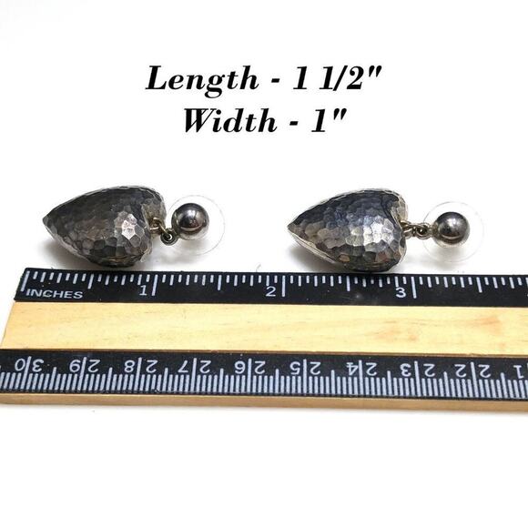 Vintage Hammered Puffy Heart Silver Tone Post Earrings, 1 1/2 Inches - Picture 6 of 7